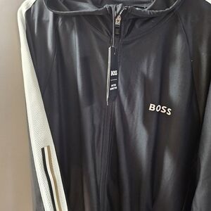 BOSS Men’s Black Zip-Up Track Jacket with White Sleeve Stripe